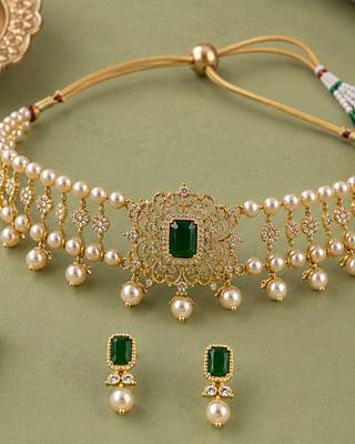 Pearl Choker Necklace Set for Women | Bridal Jewellery Set with Earrings | Green  2