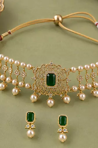 Pearl Choker Necklace Set for Women | Bridal Jewellery Set with Earrings | Green 