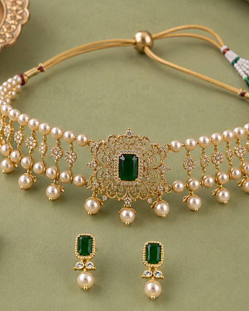 Pearl Choker Necklace Set for Women | Bridal Jewellery Set with Earrings | Green 