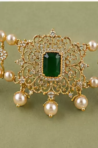Pearl Choker Necklace Set for Women | Bridal Jewellery Set with Earrings | Green 