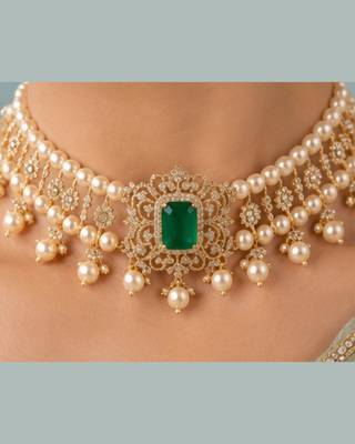 Pearl Choker Necklace Set for Women | Bridal Jewellery Set with Earrings | Green  3