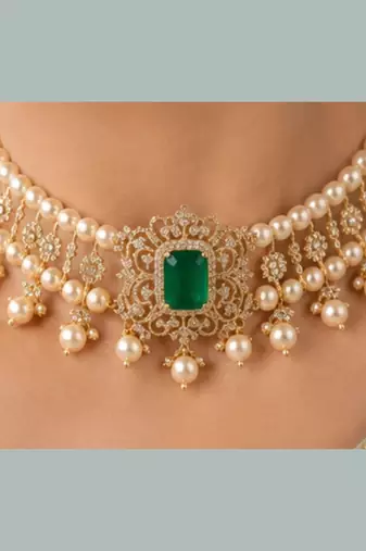 Pearl Choker Necklace Set for Women | Bridal Jewellery Set with Earrings | Green 