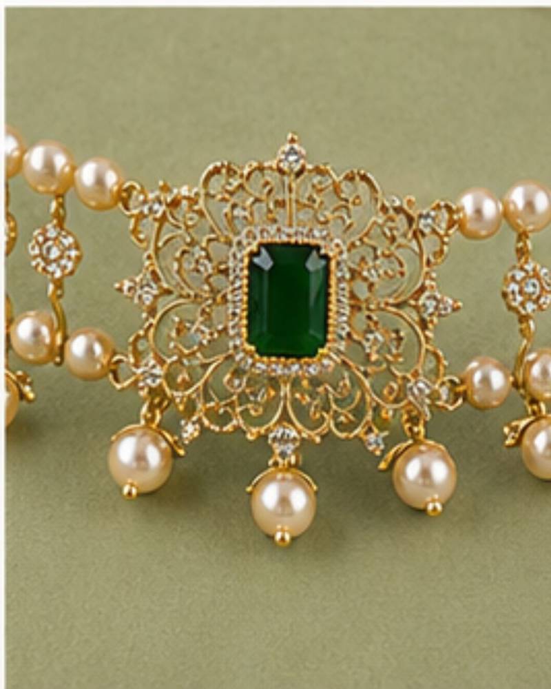 Pearl Choker Necklace Set for Women | Bridal Jewellery Set with Earrings | Green 