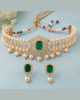 Pearl Choker Necklace Set for Women | Bridal Jewellery Set with Earrings | Green  4