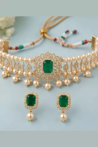Pearl Choker Necklace Set for Women | Bridal Jewellery Set with Earrings | Green 