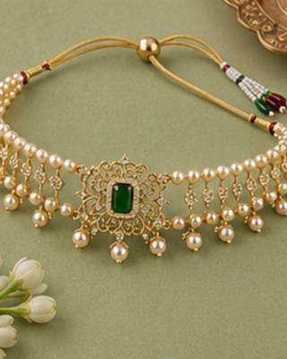 Pearl Choker Necklace Set for Women | Bridal Jewellery Set with Earrings | Green  5