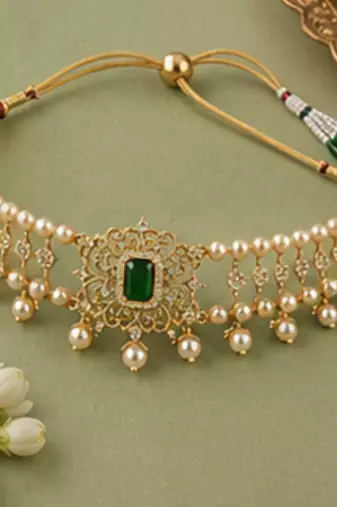 Pearl Choker Necklace Set for Women | Bridal Jewellery Set with Earrings | Green 