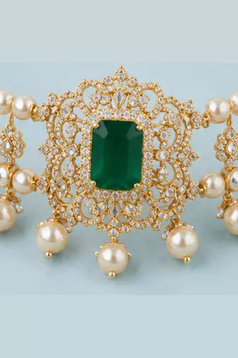 Pearl Choker Necklace Set for Women | Bridal Jewellery Set with Earrings | Green 