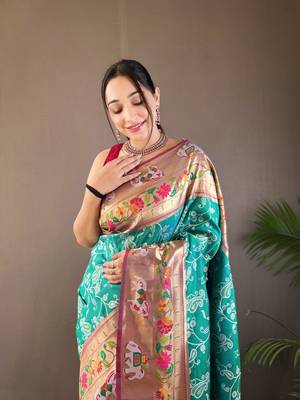 Rama green style silk bland zari weaving contrust border saree with blouse 3