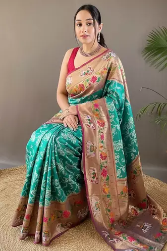 Rama green style silk bland zari weaving contrust border saree with blouse