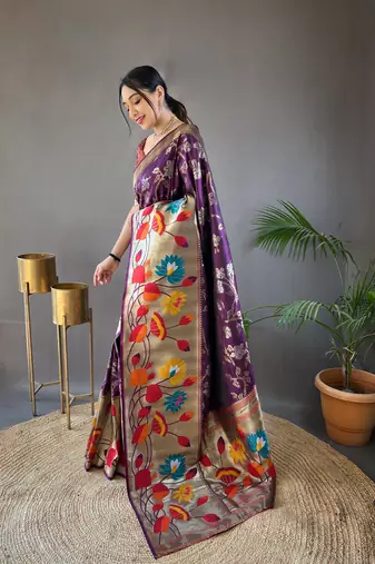 Wine soft silk blend saree with rich weaved heavy pallu & 3d traditional design with gold and silver zari
