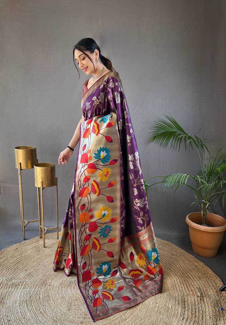 Wine soft silk blend saree with rich weaved heavy pallu & 3d traditional design with gold and silver zari