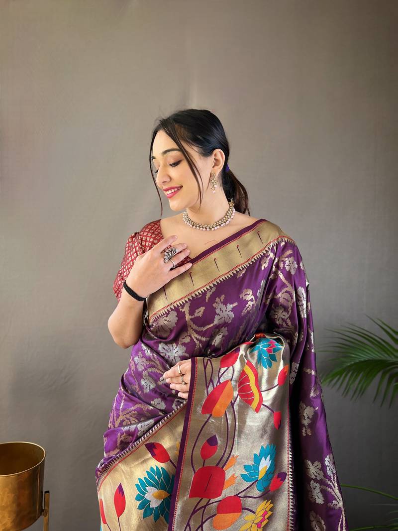 Wine soft silk blend saree with rich weaved heavy pallu & 3d traditional design with gold and silver zari