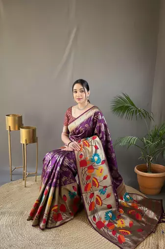 Wine soft silk blend saree with rich weaved heavy pallu & 3d traditional design with gold and silver zari
