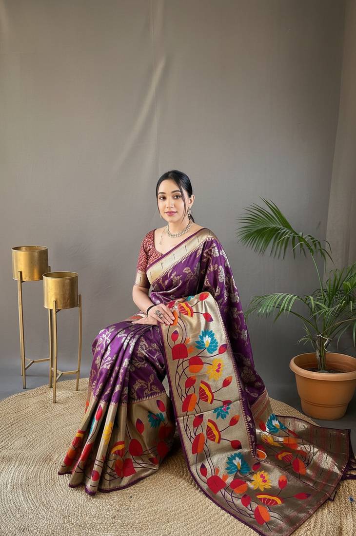 Wine soft silk blend saree with rich weaved heavy pallu & 3d traditional design with gold and silver zari