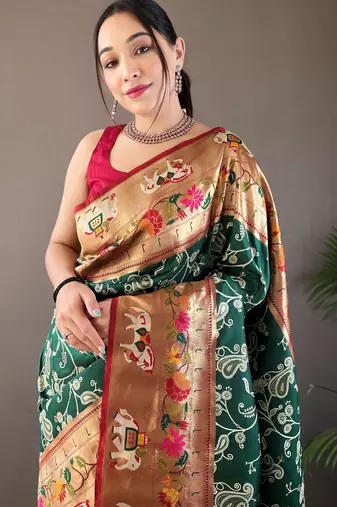 Green style silk blend zari weaving contrust border saree with blouse