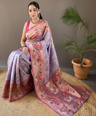 Lavender style silk blend zari weaving contrust border saree with blouse 4