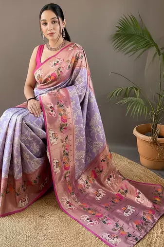 Lavender style silk blend zari weaving contrust border saree with blouse