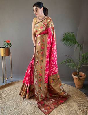 Pink style silk blend zari weaving contrust border saree with blouse 2