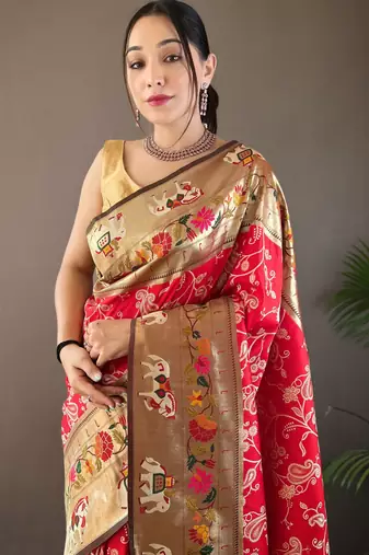 Red style silk blend zari weaving contrust border saree with blouse