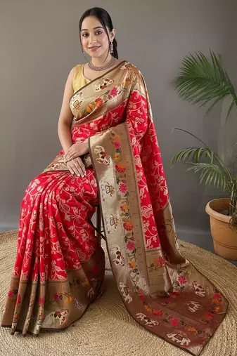 Red style silk blend zari weaving contrust border saree with blouse