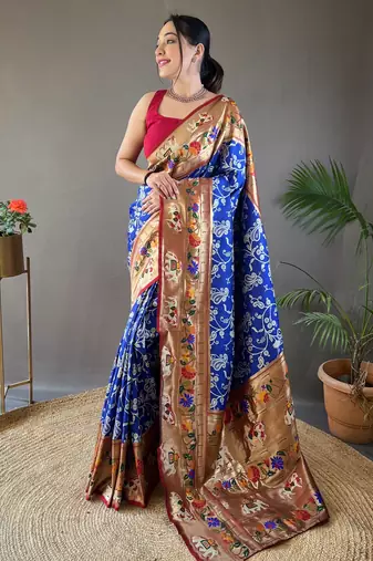 Violet style silk blend zari weaving contrust border saree with blouse