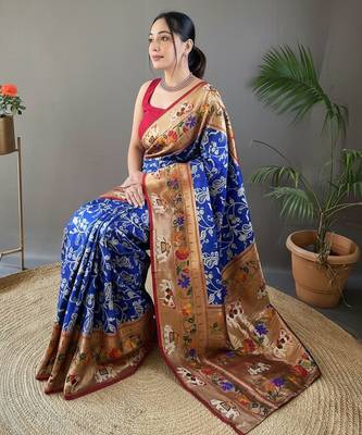 Violet style silk blend zari weaving contrust border saree with blouse 4