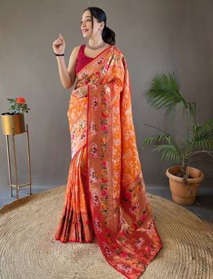 Orange style silk blend zari weaving contrust border saree with blouse 2