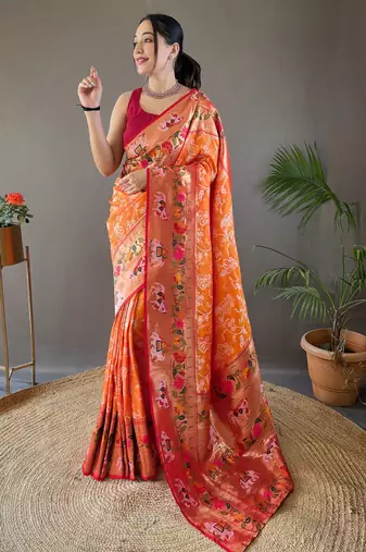 Orange style silk blend zari weaving contrust border saree with blouse