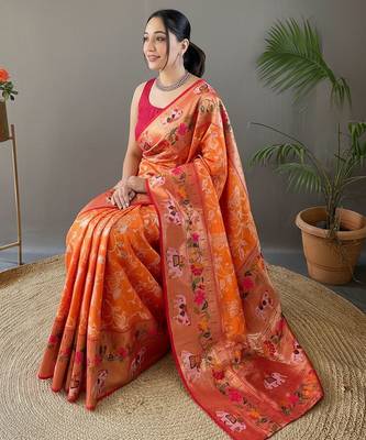 Orange style silk blend zari weaving contrust border saree with blouse 4
