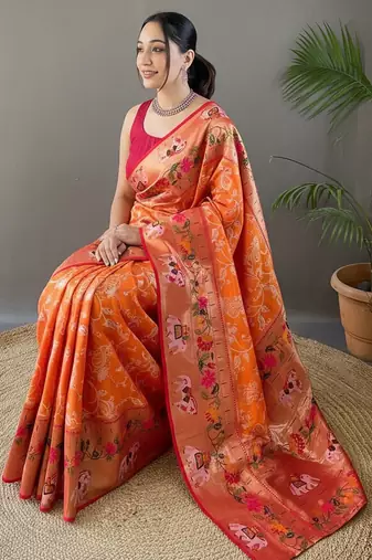 Orange style silk blend zari weaving contrust border saree with blouse