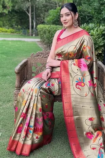 Traditional olive green silk blend saree with vibrant floral motifs
