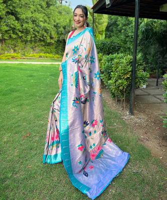 Traditional lavender silk blend saree with vibrant floral motifs 2