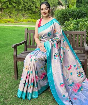 Traditional lavender silk blend saree with vibrant floral motifs 4