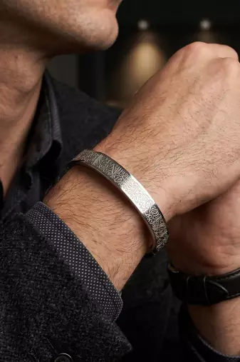 Brass anti tarnish silver plated ayat ul kursi cuff bangle bracelet for men muslim islamic spiritual jewellery