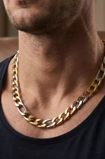 Brass dual tone gold and silver plated thick and heavy sachin chain necklace
