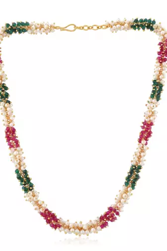 Natural emerald ruby pearl interwined strand necklace for women