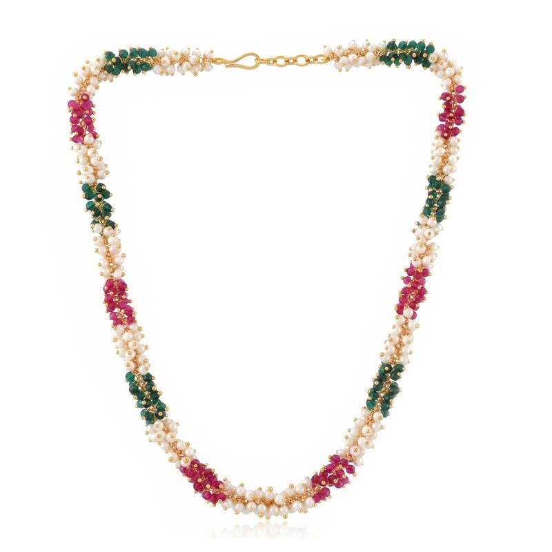 Natural emerald ruby pearl interwined strand necklace for women