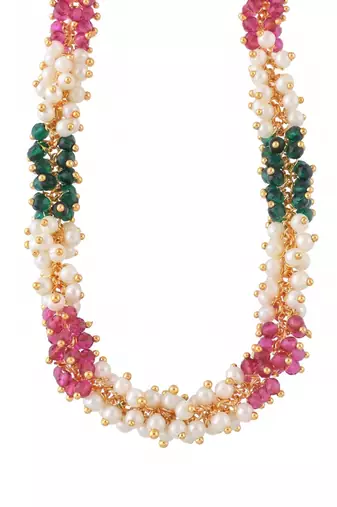 Natural emerald ruby pearl interwined strand necklace for women