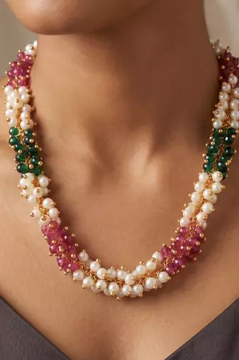 Natural emerald ruby pearl interwined strand necklace for women