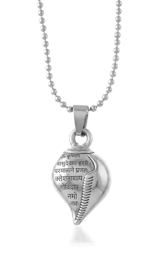 Brass antique silver krishna vasudev mantra shankh shaped pendant hindu spiritual