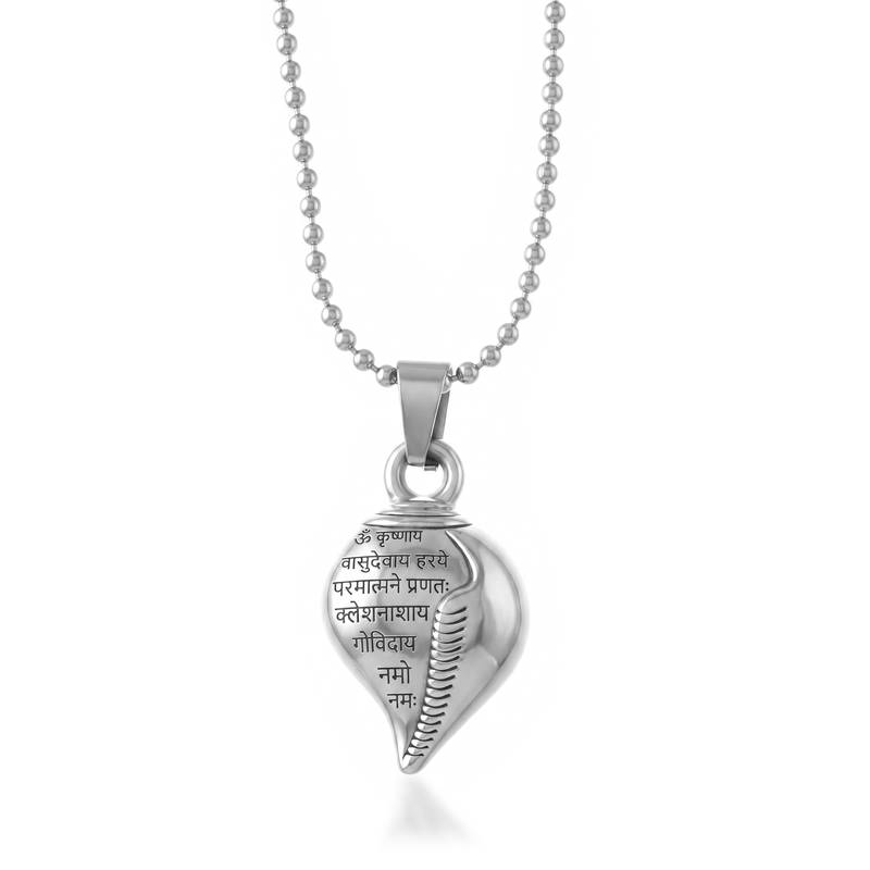 Brass antique silver krishna vasudev mantra shankh shaped pendant hindu spiritual