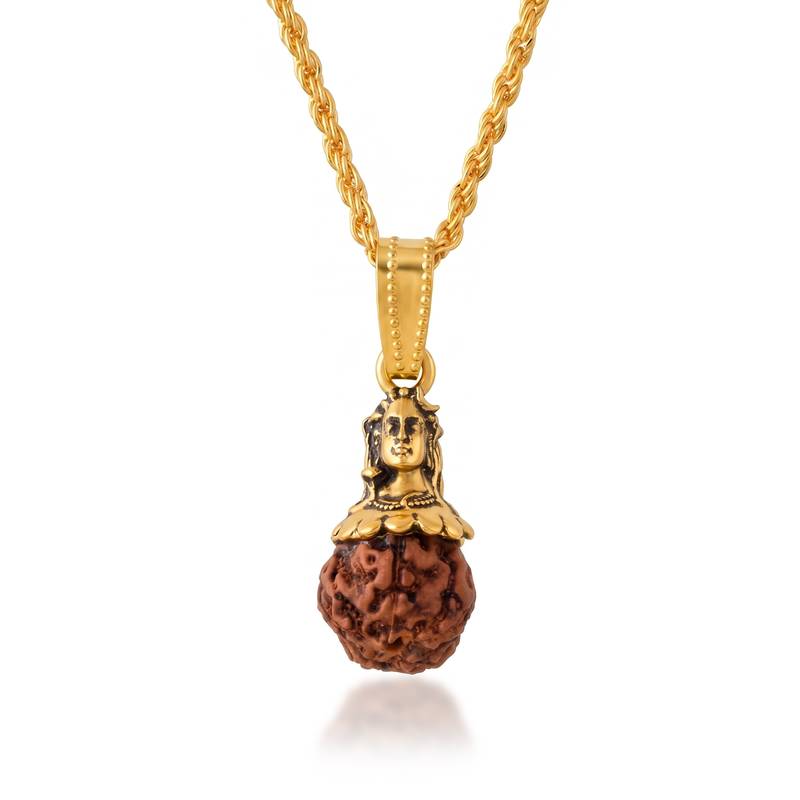Brass gold plated shiv and original panchmukhi rudraksh pendant hindu spiritual