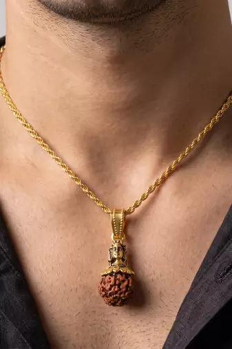 Brass gold plated shiv and original panchmukhi rudraksh pendant hindu spiritual