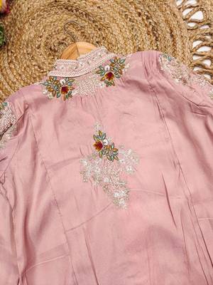 Designer pink silk blend embroidered shrug plazzo suit 5