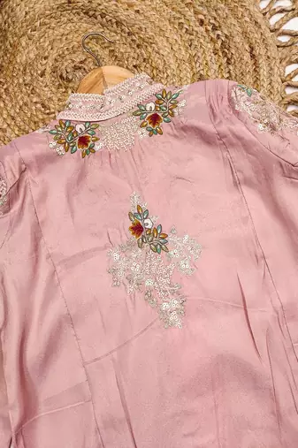 Designer pink silk blend embroidered shrug plazzo suit