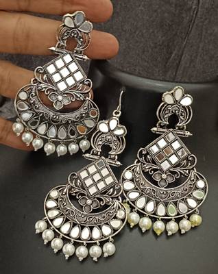 Silver replica mirror oxidixed earrings tikka set 1