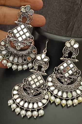 Silver replica mirror oxidixed earrings tikka set