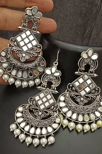 Silver replica mirror oxidixed earrings tikka set