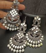 Silver replica mirror oxidixed earrings tikka set